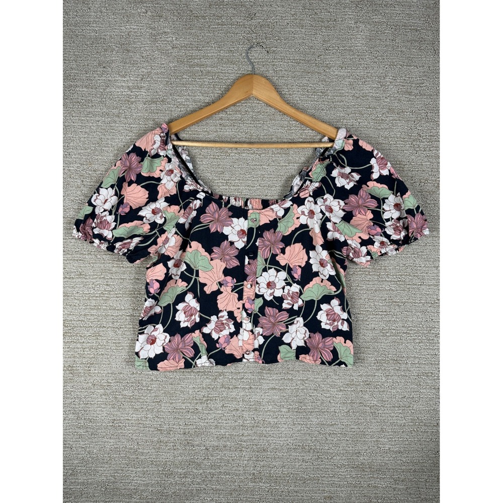 Who What Wear Floral Crop Top XL Linen Blend Puff Sleeve Square Neck Navy‎ Pink